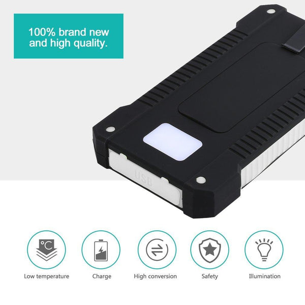 Solar Power Bank Dual USB Compact Waterproof LED Light External Battery Charger