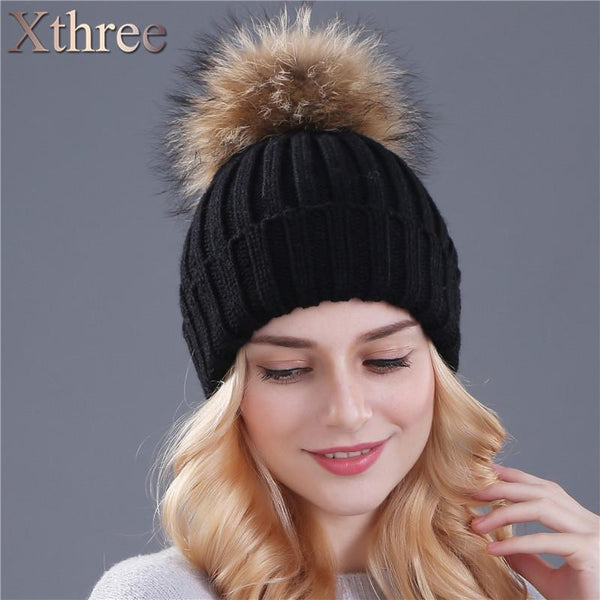 Xthree mink and fox fur ball cap pom poms winter hat for women girl 's hat knitted beanies cap brand new thick female cap