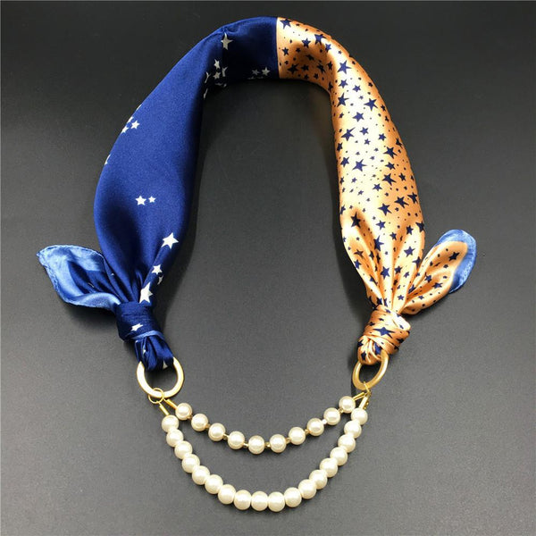 Women Pattern Printed Silk Scarf 2 Row Multi Pearls Pendant Scarf Small Choker Collar Scarf New Arrival Women Winter Scarf