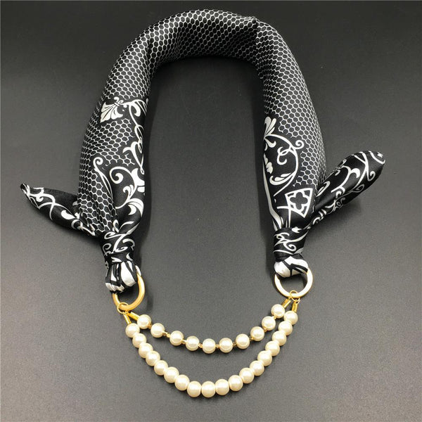 Women Pattern Printed Silk Scarf 2 Row Multi Pearls Pendant Scarf Small Choker Collar Scarf New Arrival Women Winter Scarf