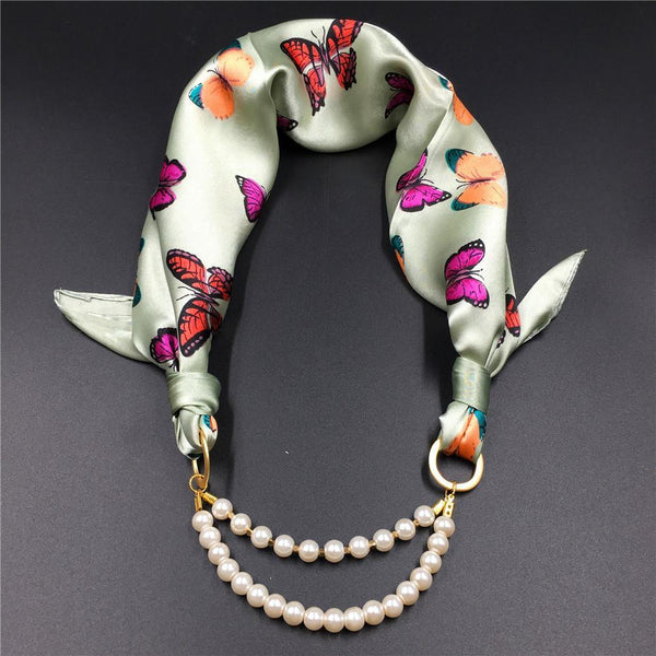 Women Pattern Printed Silk Scarf 2 Row Multi Pearls Pendant Scarf Small Choker Collar Scarf New Arrival Women Winter Scarf