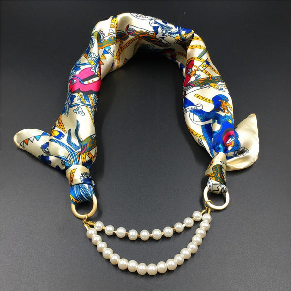 Women Pattern Printed Silk Scarf 2 Row Multi Pearls Pendant Scarf Small Choker Collar Scarf New Arrival Women Winter Scarf