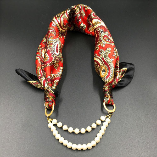 Women Pattern Printed Silk Scarf 2 Row Multi Pearls Pendant Scarf Small Choker Collar Scarf New Arrival Women Winter Scarf