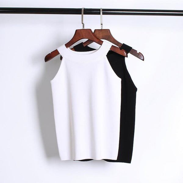Summer Women Slim Knitting Halter Camisole Tops Female Bodycon Knitted Tanks Sleeveless Basic Solid T shirts 8017