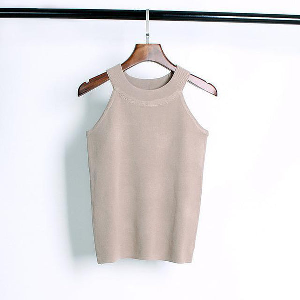 Summer Women Slim Knitting Halter Camisole Tops Female Bodycon Knitted Tanks Sleeveless Basic Solid T shirts 8017