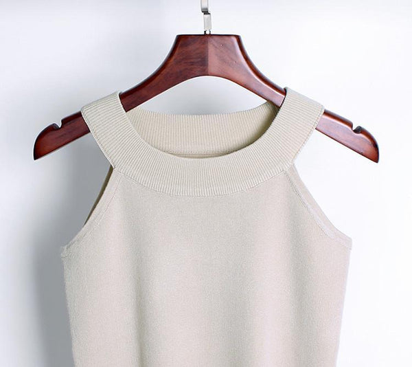 Summer Women Slim Knitting Halter Camisole Tops Female Bodycon Knitted Tanks Sleeveless Basic Solid T shirts 8017