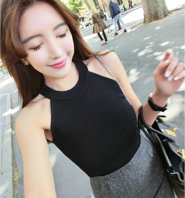 Summer Women Slim Knitting Halter Camisole Tops Female Bodycon Knitted Tanks Sleeveless Basic Solid T shirts 8017