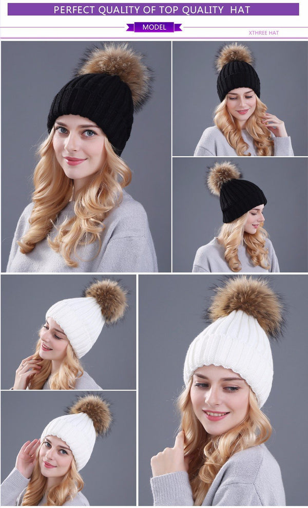 Xthree mink and fox fur ball cap pom poms winter hat for women girl 's hat knitted beanies cap brand new thick female cap