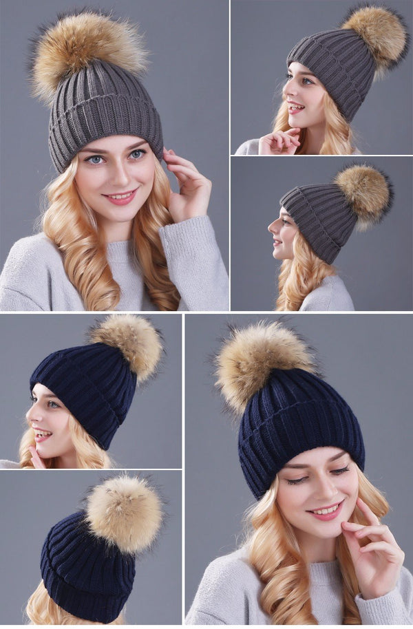 Xthree mink and fox fur ball cap pom poms winter hat for women girl 's hat knitted beanies cap brand new thick female cap