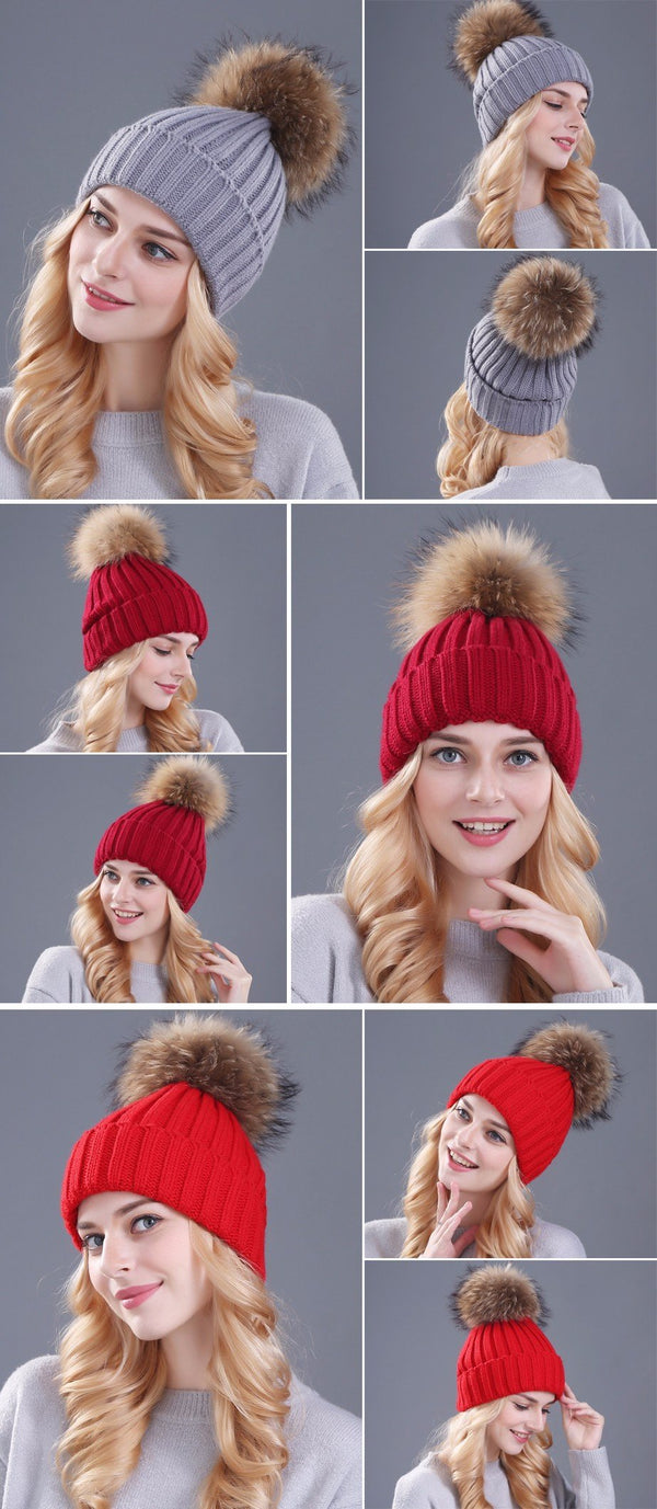 Xthree mink and fox fur ball cap pom poms winter hat for women girl 's hat knitted beanies cap brand new thick female cap