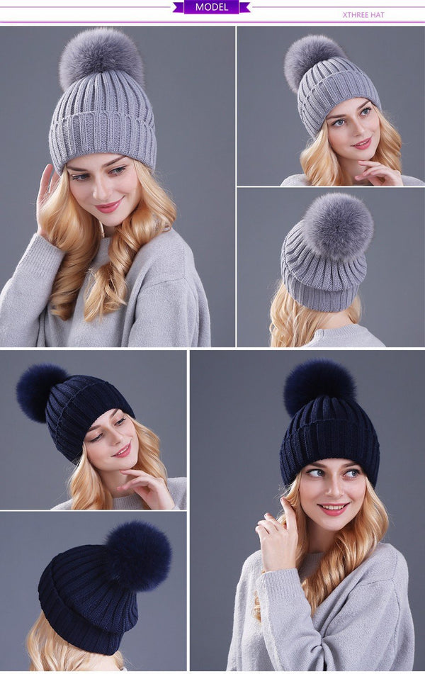 Xthree mink and fox fur ball cap pom poms winter hat for women girl 's hat knitted beanies cap brand new thick female cap