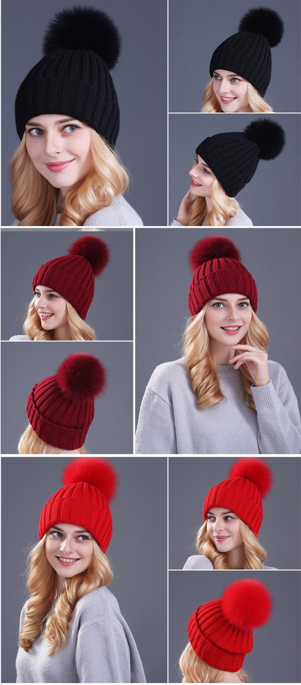 Xthree mink and fox fur ball cap pom poms winter hat for women girl 's hat knitted beanies cap brand new thick female cap