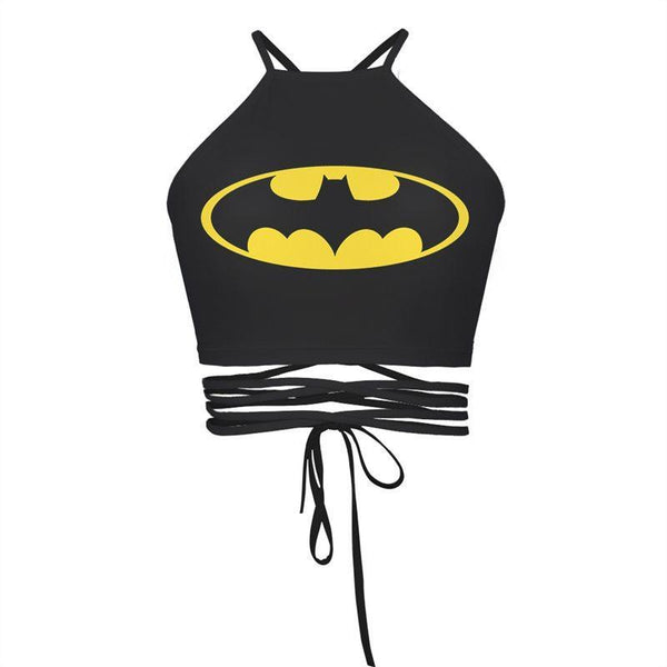 2017 Women Vintage Crop Top Batman Print Sexy Black Cropped Tops Harajuku Womens Bandage Strap Tops Summer Fashion Camis Vest