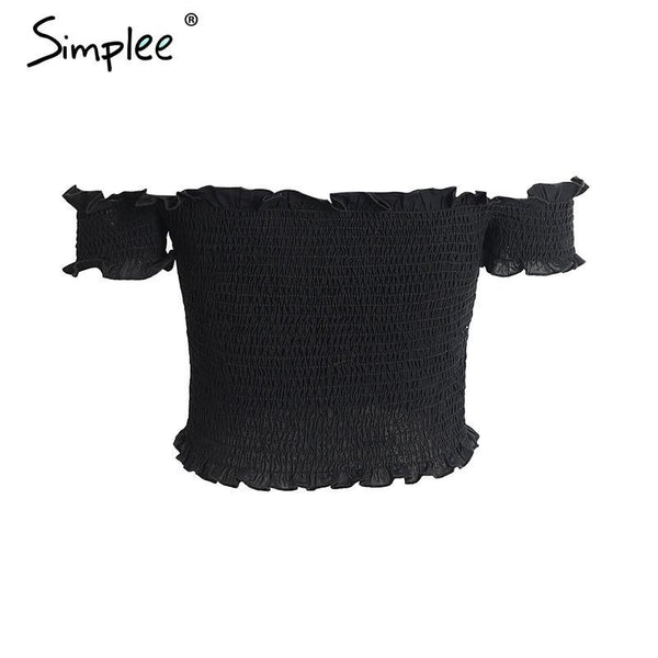 Simplee Sexy off shoulder black crop top Women summer slim ruffle short sleeve bustier top tees Party white camisole tank top