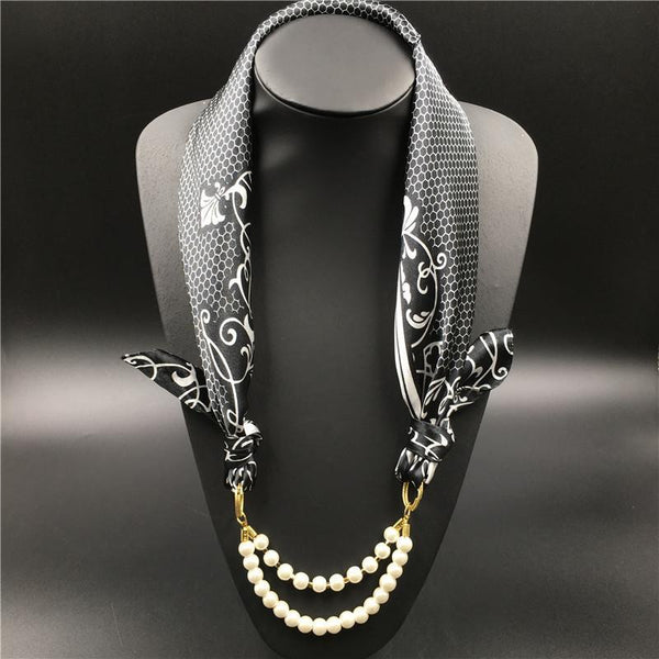 Women Pattern Printed Silk Scarf 2 Row Multi Pearls Pendant Scarf Small Choker Collar Scarf New Arrival Women Winter Scarf