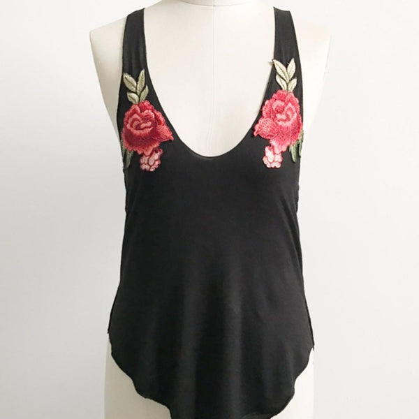 Fashion Sexy Black Tank Top Women cotton Floral patch in Embroidery vest Deep V Neck Sleeveless Tops summer Beachwear Tops white