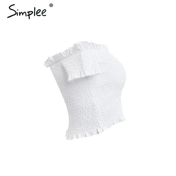 Simplee Sexy off shoulder black crop top Women summer slim ruffle short sleeve bustier top tees Party white camisole tank top