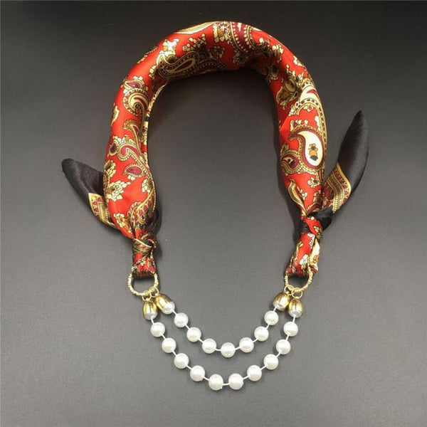 Women Pattern Printed Silk Scarf 2 Row Multi Pearls Pendant Scarf Small Choker Collar Scarf New Arrival Women Winter Scarf
