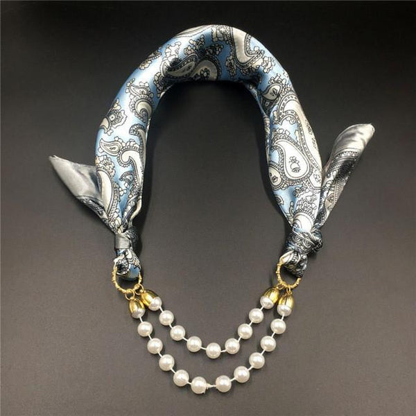 Women Pattern Printed Silk Scarf 2 Row Multi Pearls Pendant Scarf Small Choker Collar Scarf New Arrival Women Winter Scarf