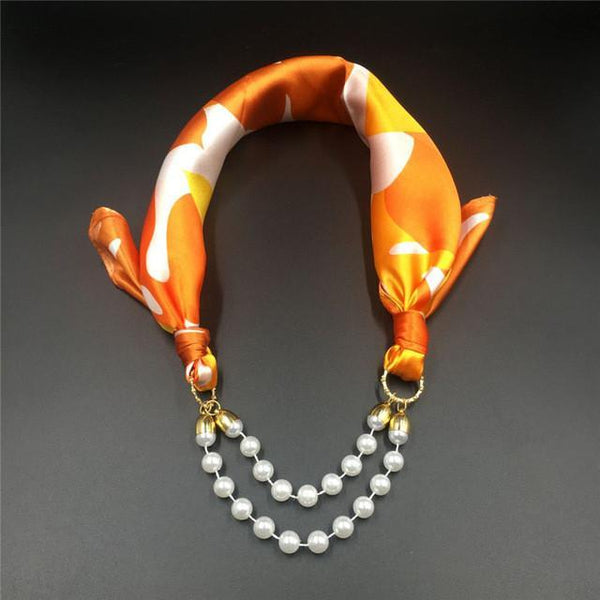 Women Pattern Printed Silk Scarf 2 Row Multi Pearls Pendant Scarf Small Choker Collar Scarf New Arrival Women Winter Scarf