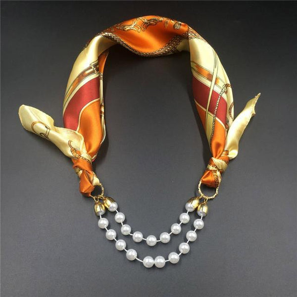 Women Pattern Printed Silk Scarf 2 Row Multi Pearls Pendant Scarf Small Choker Collar Scarf New Arrival Women Winter Scarf
