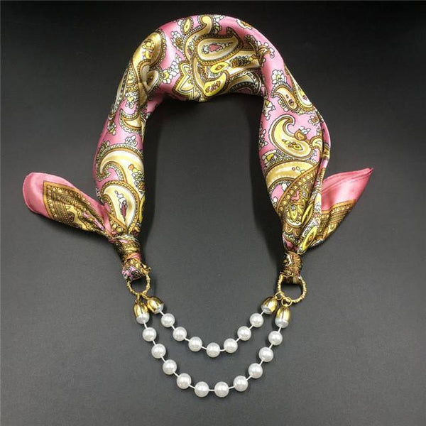 Women Pattern Printed Silk Scarf 2 Row Multi Pearls Pendant Scarf Small Choker Collar Scarf New Arrival Women Winter Scarf