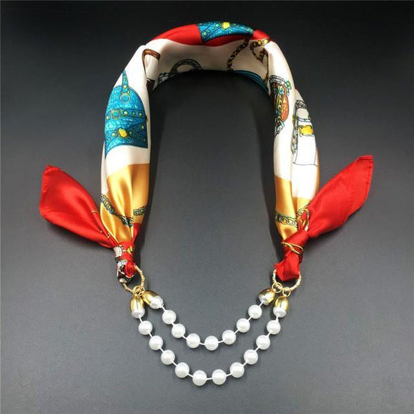 Women Pattern Printed Silk Scarf 2 Row Multi Pearls Pendant Scarf Small Choker Collar Scarf New Arrival Women Winter Scarf