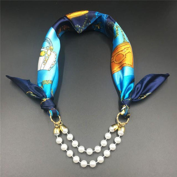 Women Pattern Printed Silk Scarf 2 Row Multi Pearls Pendant Scarf Small Choker Collar Scarf New Arrival Women Winter Scarf