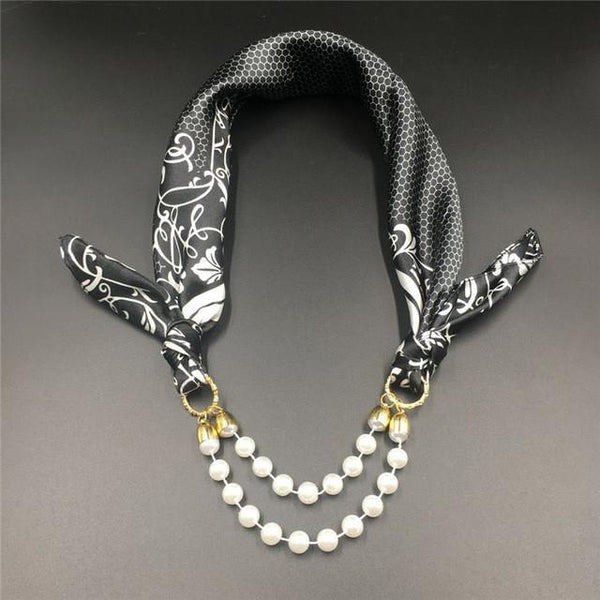 Women Pattern Printed Silk Scarf 2 Row Multi Pearls Pendant Scarf Small Choker Collar Scarf New Arrival Women Winter Scarf