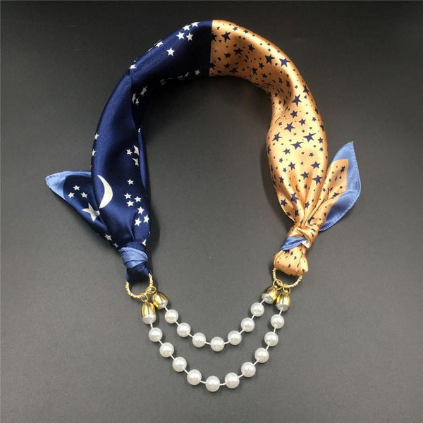 Women Pattern Printed Silk Scarf 2 Row Multi Pearls Pendant Scarf Small Choker Collar Scarf New Arrival Women Winter Scarf