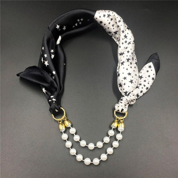 Women Pattern Printed Silk Scarf 2 Row Multi Pearls Pendant Scarf Small Choker Collar Scarf New Arrival Women Winter Scarf