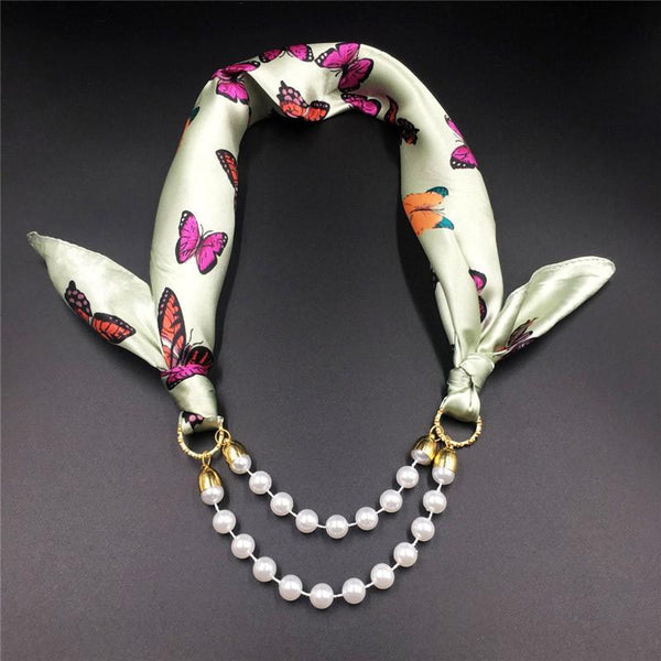 Women Pattern Printed Silk Scarf 2 Row Multi Pearls Pendant Scarf Small Choker Collar Scarf New Arrival Women Winter Scarf