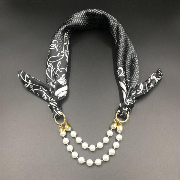 Women Pattern Printed Silk Scarf 2 Row Multi Pearls Pendant Scarf Small Choker Collar Scarf New Arrival Women Winter Scarf