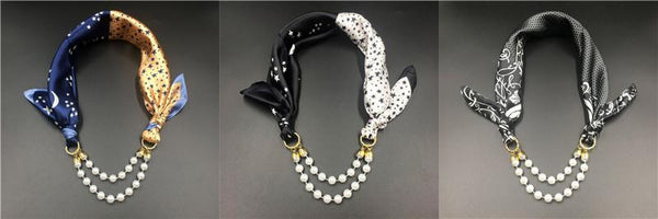 Women Pattern Printed Silk Scarf 2 Row Multi Pearls Pendant Scarf Small Choker Collar Scarf New Arrival Women Winter Scarf