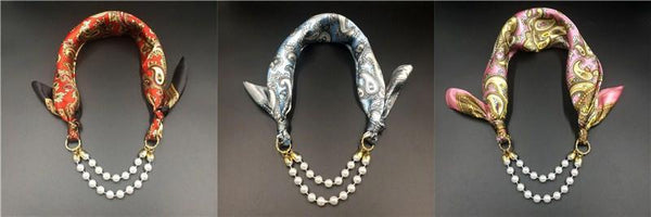 Women Pattern Printed Silk Scarf 2 Row Multi Pearls Pendant Scarf Small Choker Collar Scarf New Arrival Women Winter Scarf