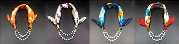 Women Pattern Printed Silk Scarf 2 Row Multi Pearls Pendant Scarf Small Choker Collar Scarf New Arrival Women Winter Scarf