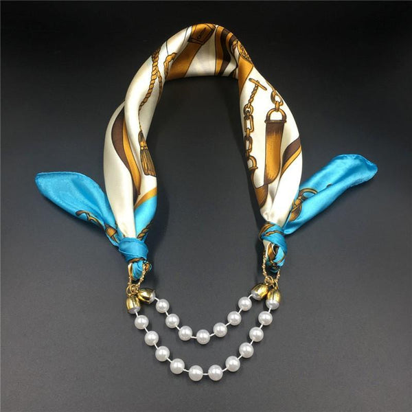 Women Pattern Printed Silk Scarf 2 Row Multi Pearls Pendant Scarf Small Choker Collar Scarf New Arrival Women Winter Scarf