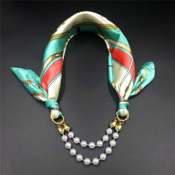 Women Pattern Printed Silk Scarf 2 Row Multi Pearls Pendant Scarf Small Choker Collar Scarf New Arrival Women Winter Scarf