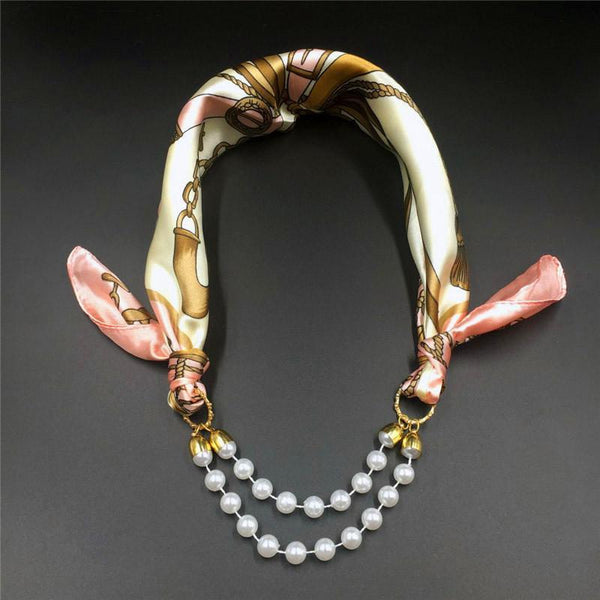 Women Pattern Printed Silk Scarf 2 Row Multi Pearls Pendant Scarf Small Choker Collar Scarf New Arrival Women Winter Scarf