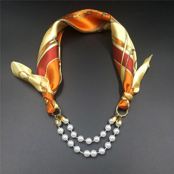 Women Pattern Printed Silk Scarf 2 Row Multi Pearls Pendant Scarf Small Choker Collar Scarf New Arrival Women Winter Scarf