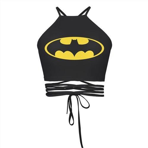 2017 Women Vintage Crop Top Batman Print Sexy Black Cropped Tops Harajuku Womens Bandage Strap Tops Summer Fashion Camis Vest