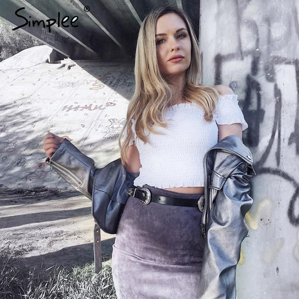 Simplee Sexy off shoulder black crop top Women summer slim ruffle short sleeve bustier top tees Party white camisole tank top