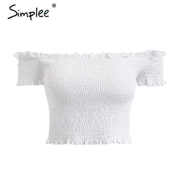 Simplee Sexy off shoulder black crop top Women summer slim ruffle short sleeve bustier top tees Party white camisole tank top