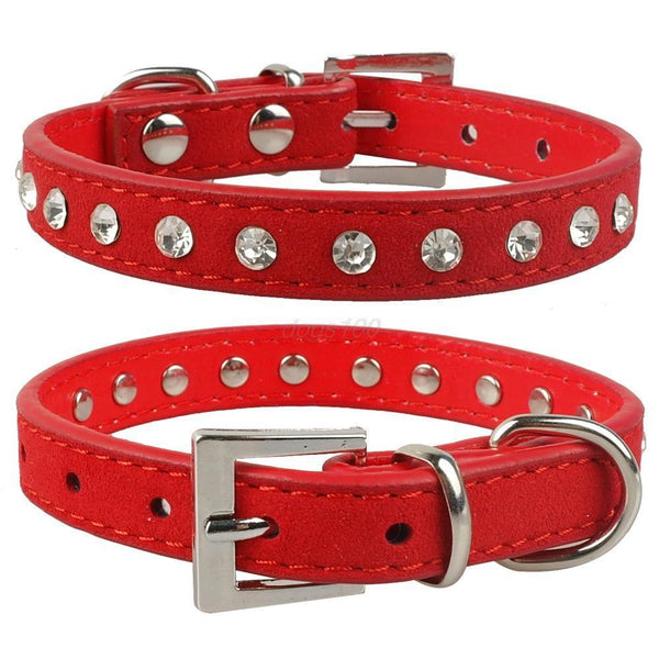 Clear Rhinestones Diamante Soft Suede Leather Dog Puppy Cat Collars 3 Sizes