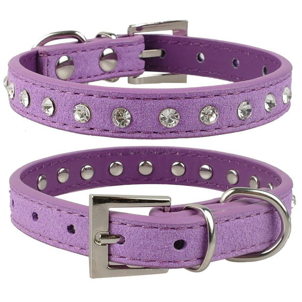 Clear Rhinestones Diamante Soft Suede Leather Dog Puppy Cat Collars 3 Sizes