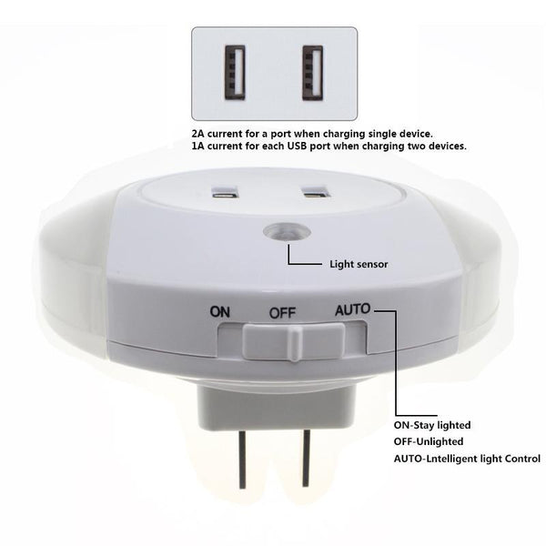 LED night light sensor 2 USB Charging socket LED 110V 220V 0.5W automatic night lamp intelligence warm white light for bedroom