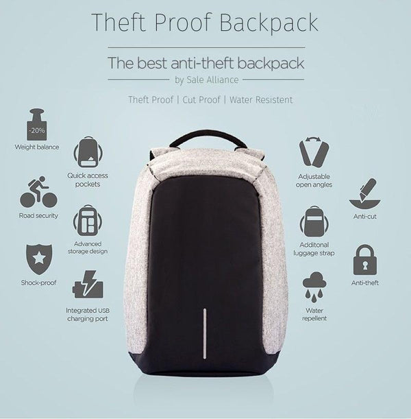 Theft Proof Backpack made with cut-proof material, hidden zipper closures and secret pockets