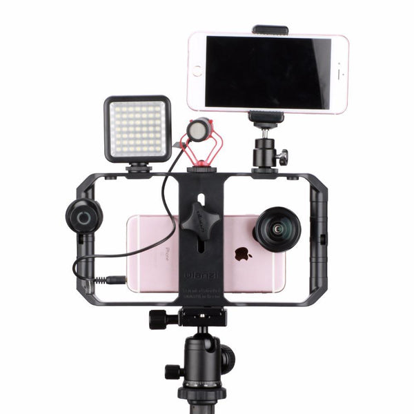Pro Smartphone Video Rig with 3 Shoe Mounts Filmmaking Case Handheld Phone Video Stabilizer Grip Tripod Mount Stand