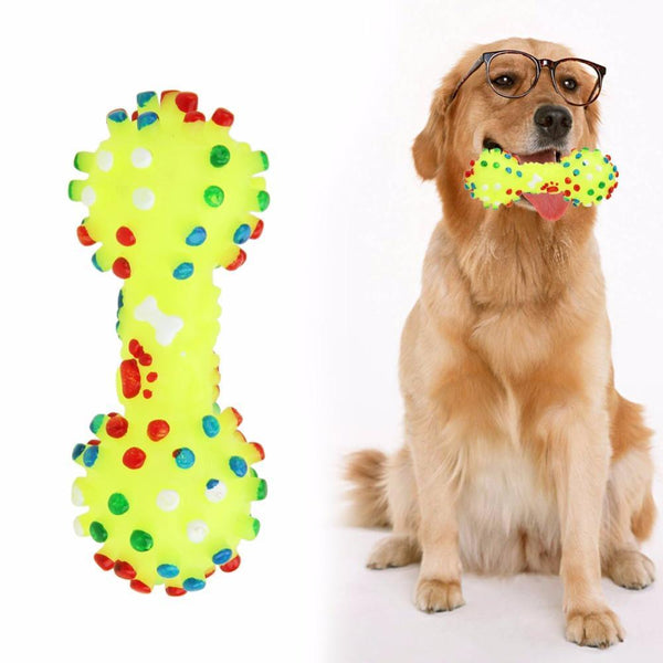 Dog Toys  Colorful Dotted Dumbbell Shaped Dog Toys Squeeze Squeaky Faux Bone Pet Chew Toys For Dogs