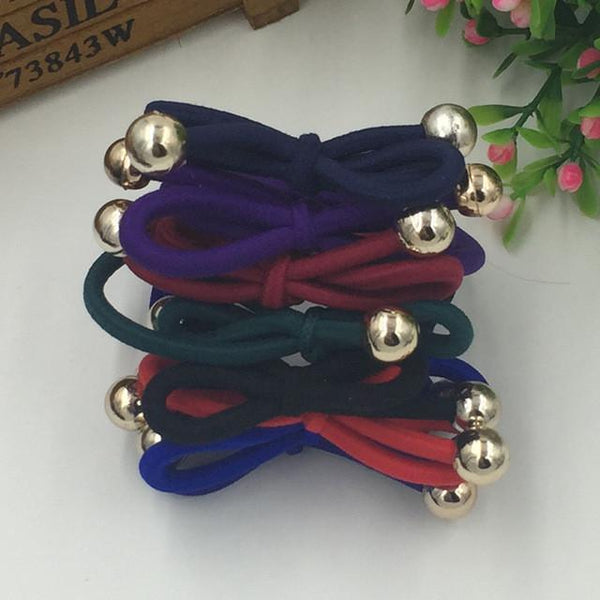 5Pcs/Bag Bowknot Gold Plated Beads Hair Holders Elastics 2015 New 12 Colours Women Rubber Bands  Girl's Tie Gum Hair Accessories